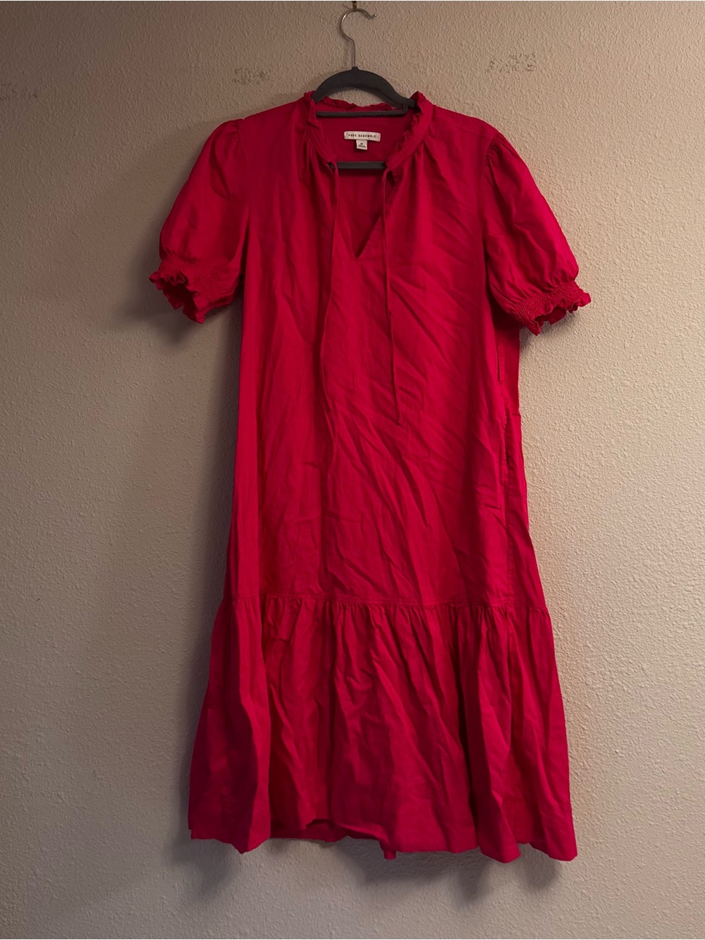 100% Cotton Bright Pink Ruffle-Hem Midi Dress with Puff Sleeves